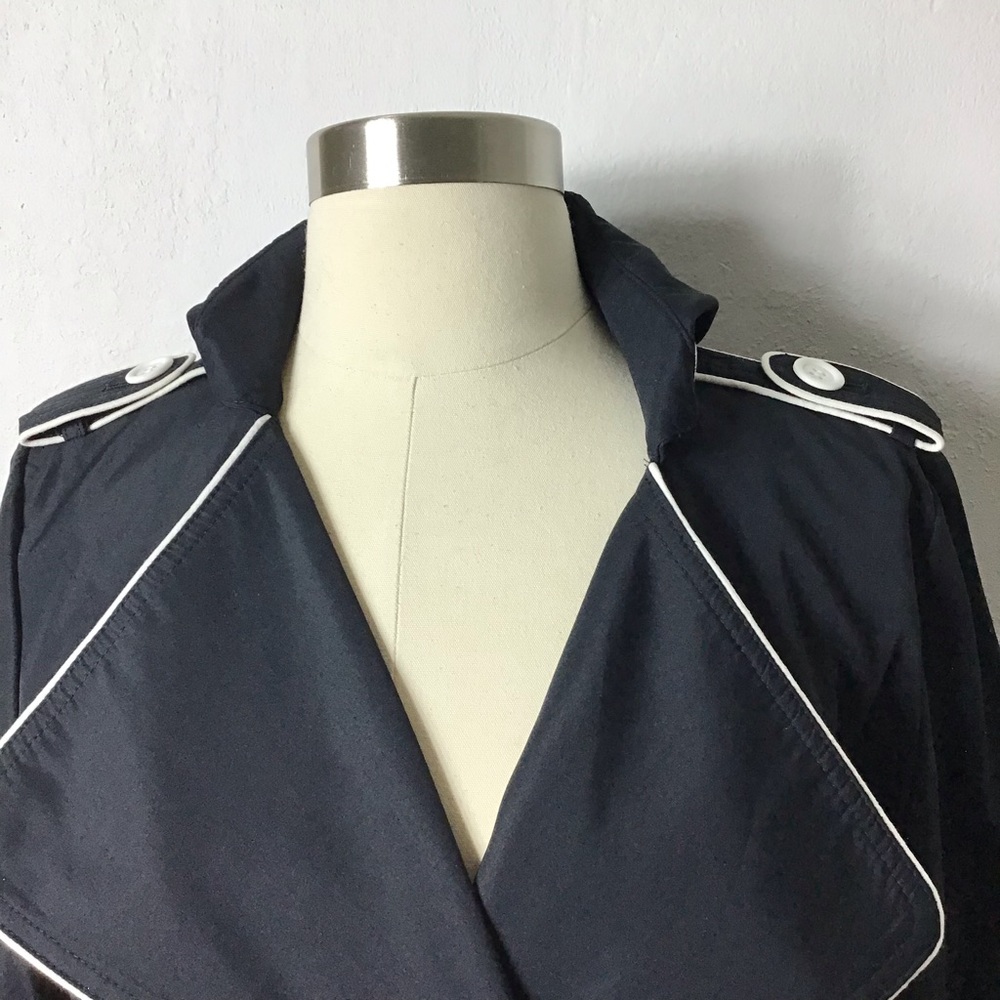 Vertigo black w/ white piping retro style collared belted rain tench coat jacket - Picture 9 of 12